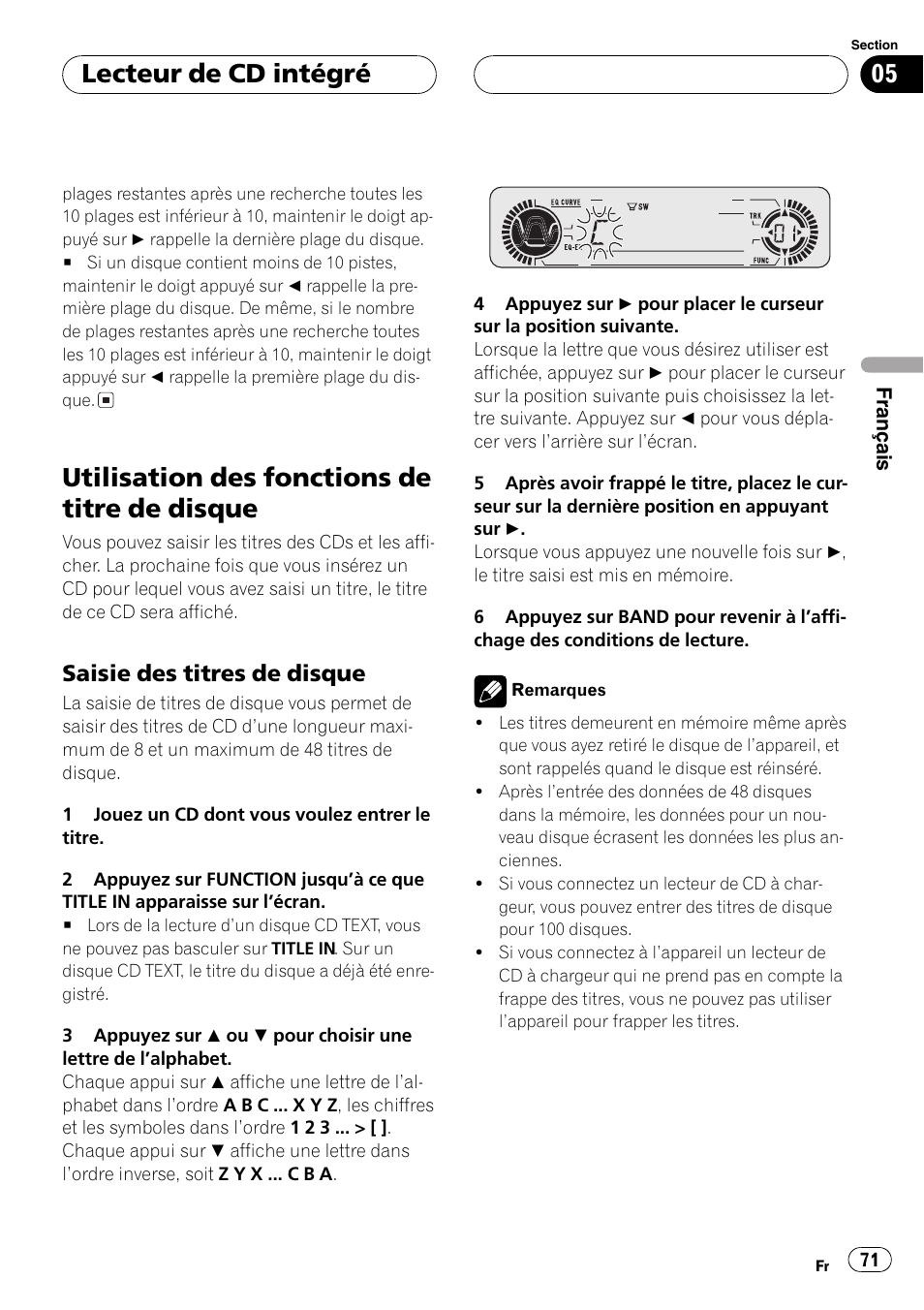 Utilisation des fonctions de titre de, Disque 71, Saisie des titres de disque 71 | Utilisation des fonctions de titre de disque, Lecteur de cd intégré, Saisie des titres de disque | Playtex Multi-CD control High power CD/MP3/WMA/WAV player with FM/AM tuner DEH-P560MP User Manual | Page 71 / 162