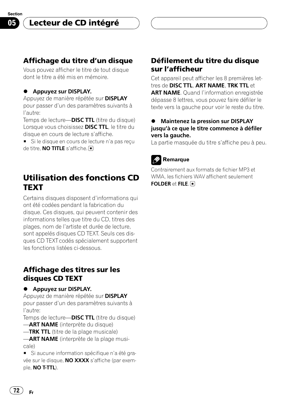 Affichage du titre dun disque 72, Utilisation des fonctions cd text 72, Affichage des titres sur les disques | Cd text 72, Défilement du titre du disque sur, Lafficheur 72, Utilisation des fonctions cd text, Lecteur de cd intégré | Playtex Multi-CD control High power CD/MP3/WMA/WAV player with FM/AM tuner DEH-P560MP User Manual | Page 72 / 162