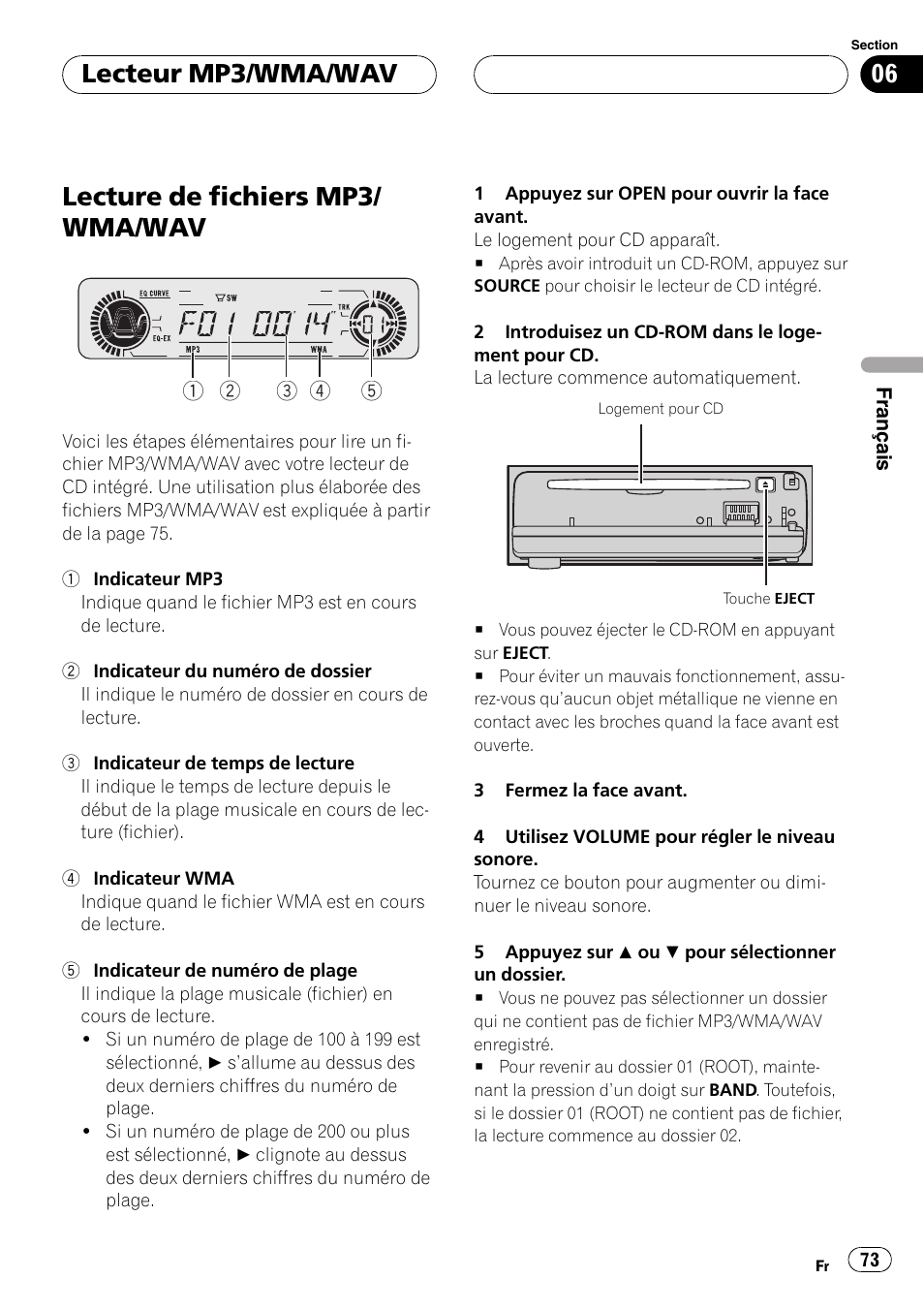 Lecteur mp3/wma/wav, Lecture de fichiers mp3/wma/wav 73, Lecture de fichiers mp3/ wma/wav | Playtex Multi-CD control High power CD/MP3/WMA/WAV player with FM/AM tuner DEH-P560MP User Manual | Page 73 / 162