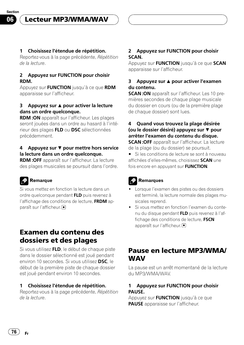 Examen du contenu des dossiers et des, Plages 76, Pause en lecture mp3/wma/wav 76 | Examen du contenu des dossiers et des plages, Pause en lecture mp3/wma/ wav, Lecteur mp3/wma/wav | Playtex Multi-CD control High power CD/MP3/WMA/WAV player with FM/AM tuner DEH-P560MP User Manual | Page 76 / 162