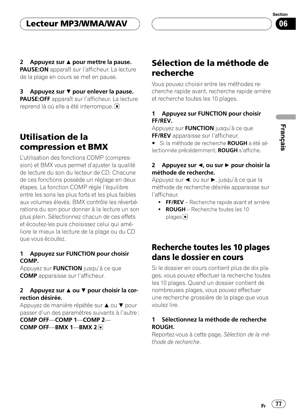 Utilisation de la compression et bmx 77, Sélection de la méthode de recherche 77, Recherche toutes les 10 plages dans le | Dossier en cours 77, Utilisation de la compression et bmx, Sélection de la méthode de recherche, Lecteur mp3/wma/wav | Playtex Multi-CD control High power CD/MP3/WMA/WAV player with FM/AM tuner DEH-P560MP User Manual | Page 77 / 162