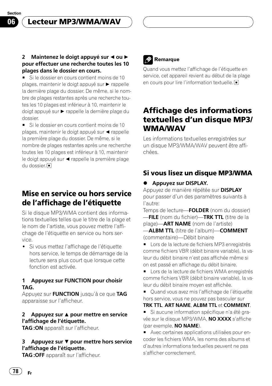 Mise en service ou hors service de laffichage, De létiquette 78, Affichage des informations textuelles dun | Disque mp3/wma/wav 78, Si vous lisez un disque mp3, Wma 78, Lecteur mp3/wma/wav | Playtex Multi-CD control High power CD/MP3/WMA/WAV player with FM/AM tuner DEH-P560MP User Manual | Page 78 / 162