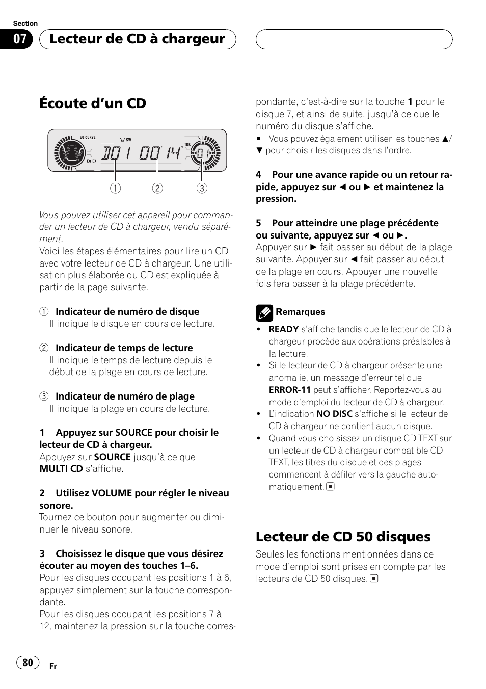 Lecteur de cd à chargeur, Écoute dun cd 80, Lecteur de cd 50 disques 80 | Écoute dun cd, Lecteur de cd 50 disques | Playtex Multi-CD control High power CD/MP3/WMA/WAV player with FM/AM tuner DEH-P560MP User Manual | Page 80 / 162