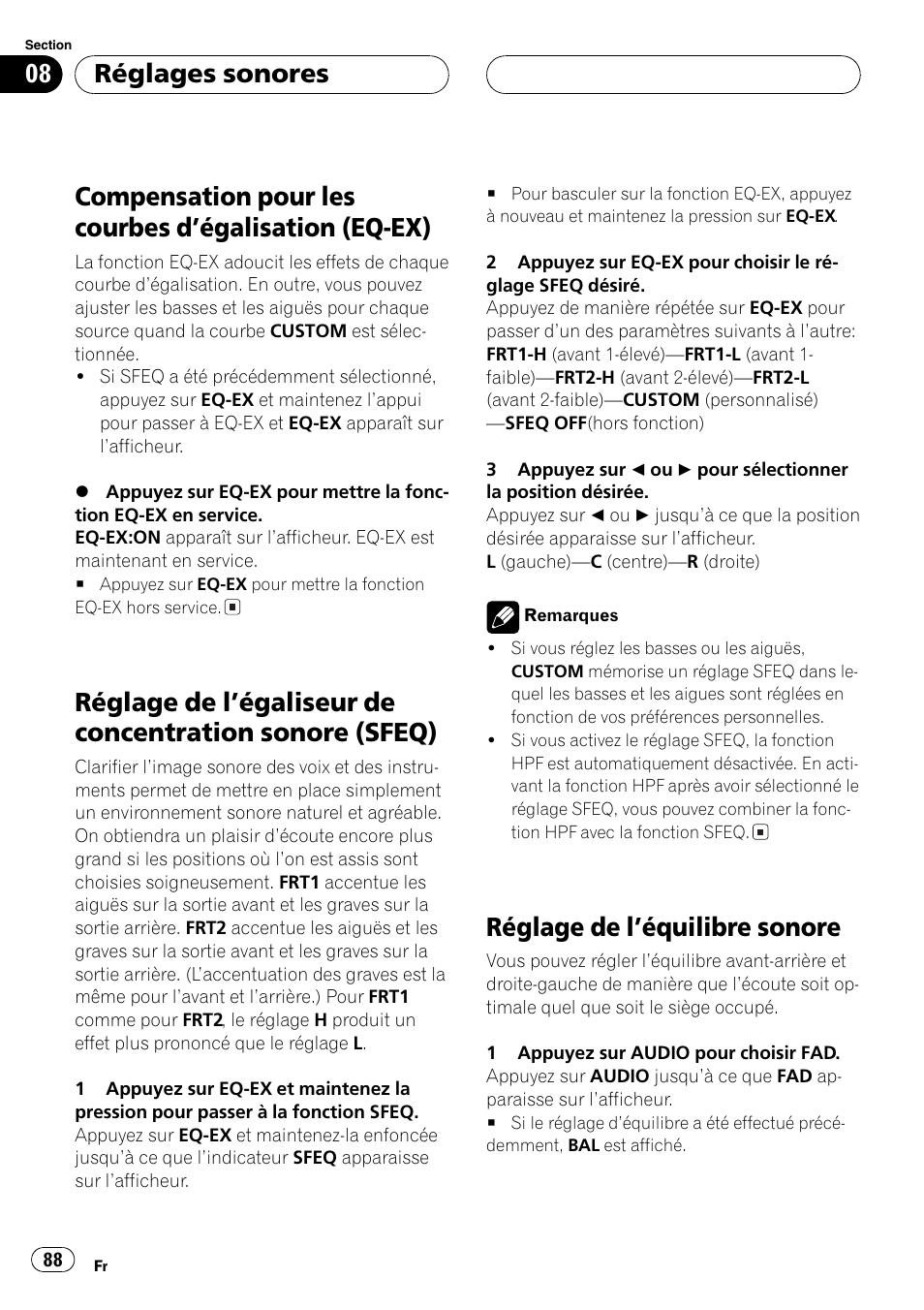 Compensation pour les courbes dégalisation, Eq-ex) 88, Réglage de légaliseur de concentration | Sonore (sfeq) 88, Réglage de léquilibre sonore 88, Réglage de léquilibre sonore, Réglages sonores | Playtex Multi-CD control High power CD/MP3/WMA/WAV player with FM/AM tuner DEH-P560MP User Manual | Page 88 / 162
