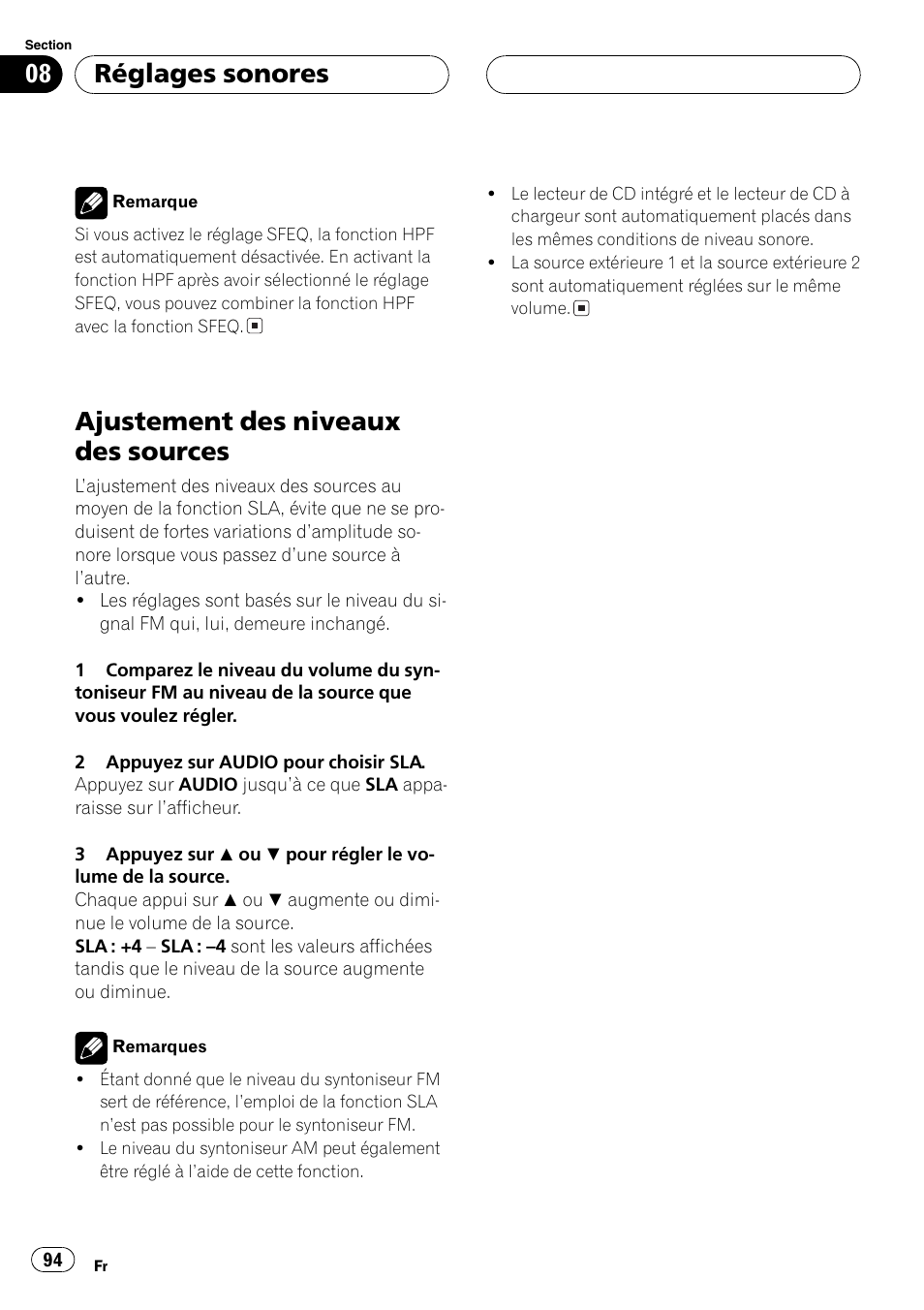 Ajustement des niveaux des sources 94, Ajustement des niveaux des sources, Réglages sonores | Playtex Multi-CD control High power CD/MP3/WMA/WAV player with FM/AM tuner DEH-P560MP User Manual | Page 94 / 162