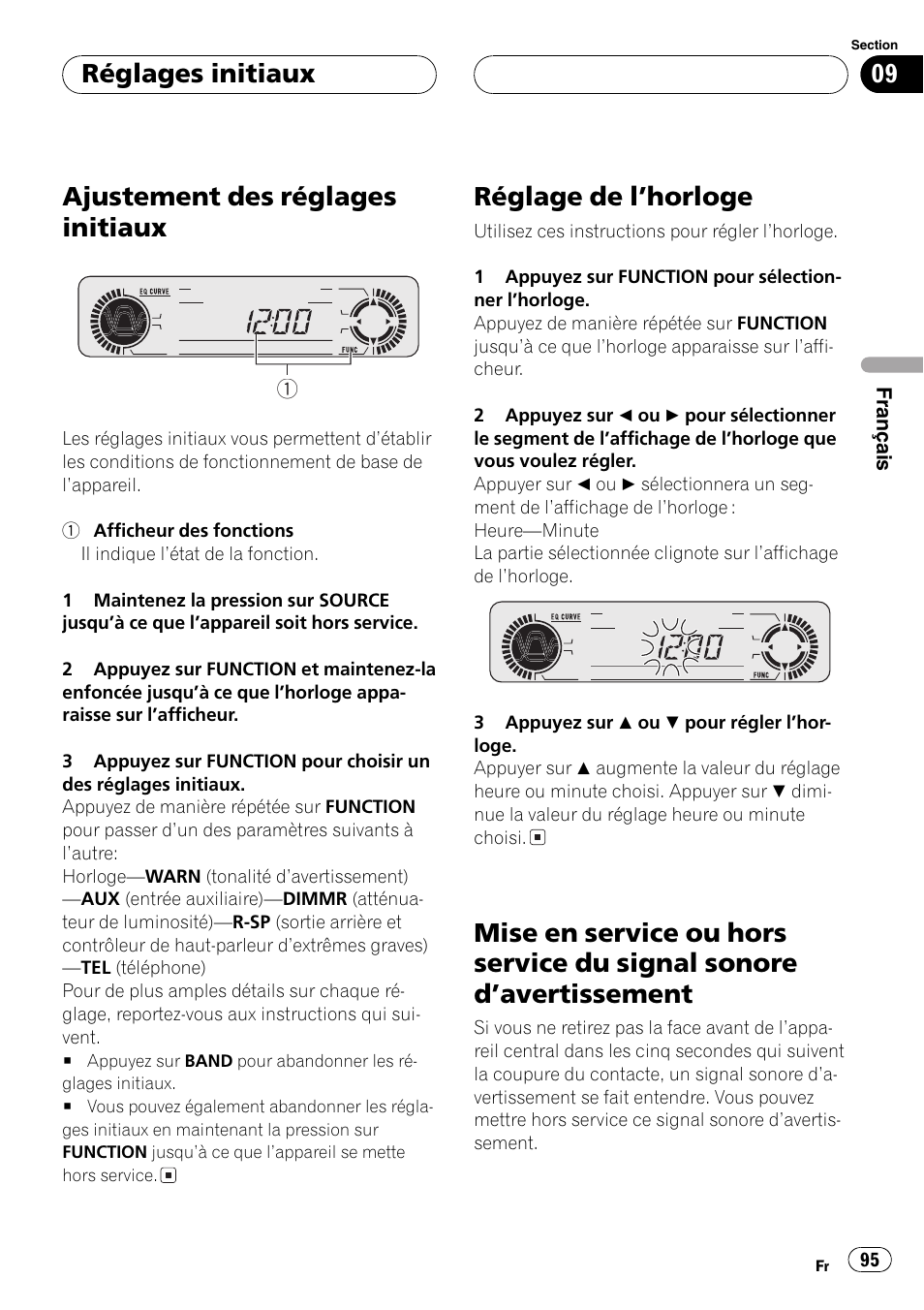 Réglages initiaux, Ajustement des réglages initiaux 95, Réglage de lhorloge 95 | Mise en service ou hors service du signal, Sonore davertissement 95, Ajustement des réglages initiaux, Réglage de lhorloge | Playtex Multi-CD control High power CD/MP3/WMA/WAV player with FM/AM tuner DEH-P560MP User Manual | Page 95 / 162