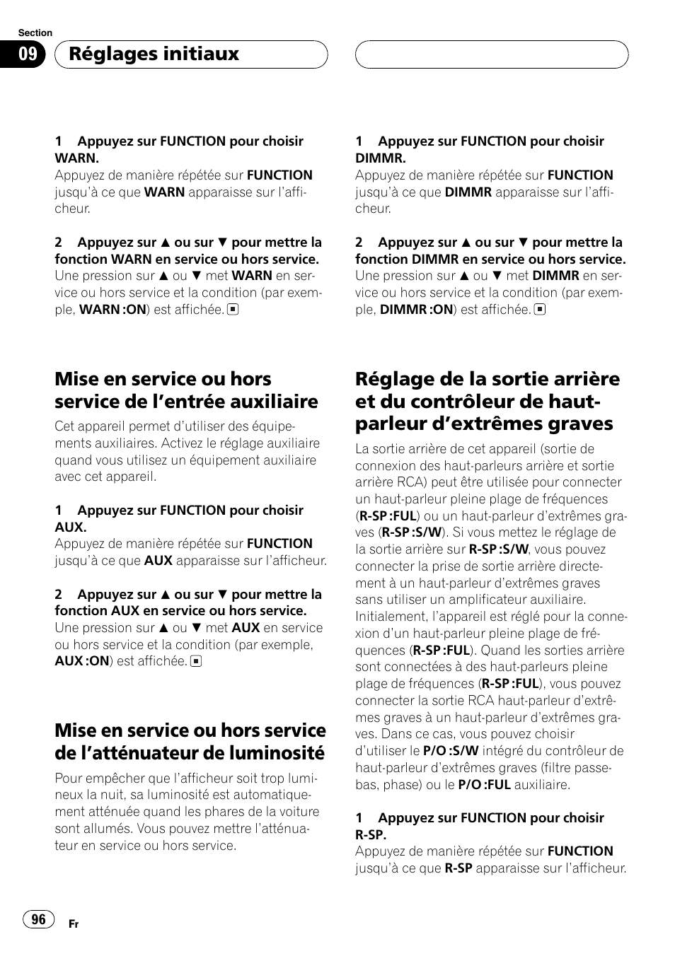 Mise en service ou hors service de lentrée, Auxiliaire 96, Mise en service ou hors service de | Latténuateur de luminosité 96, Réglage de la sortie arrière et du contrôleur, De haut-parleur dextrêmes graves 96, Réglages initiaux | Playtex Multi-CD control High power CD/MP3/WMA/WAV player with FM/AM tuner DEH-P560MP User Manual | Page 96 / 162