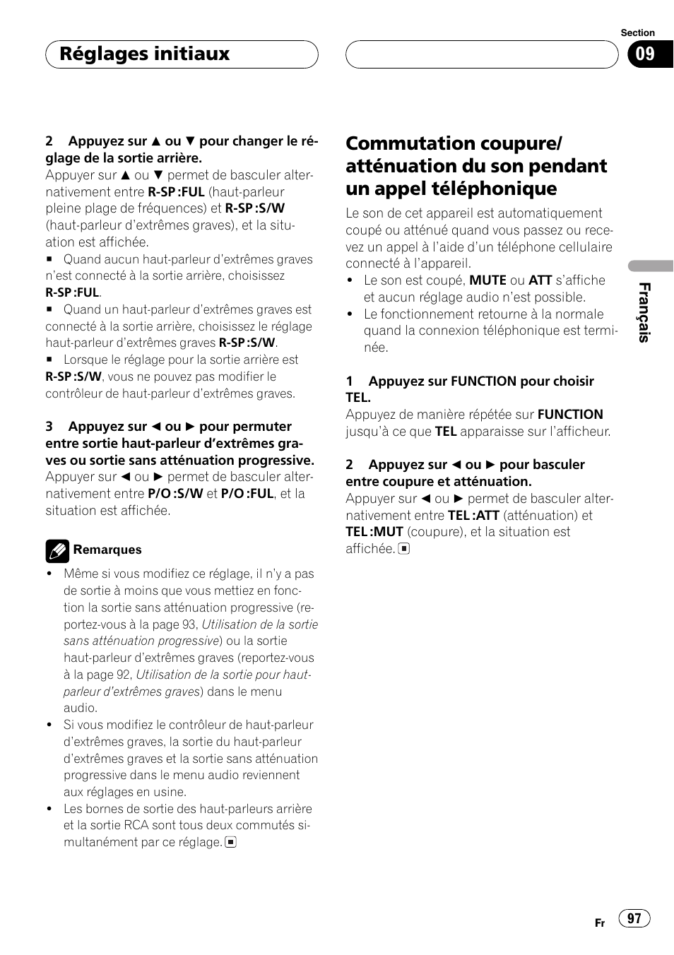 Commutation coupure/atténuation du son, Pendant un appel téléphonique 97, Réglages initiaux | Playtex Multi-CD control High power CD/MP3/WMA/WAV player with FM/AM tuner DEH-P560MP User Manual | Page 97 / 162