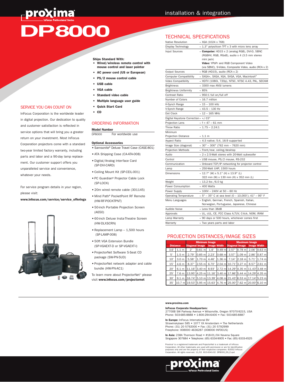 Dp8000, Installation & integration, Technical specifications | Projection distances/image sizes, Service you can count on, Ordering information | Proxima ASA dp800 User Manual | Page 4 / 4