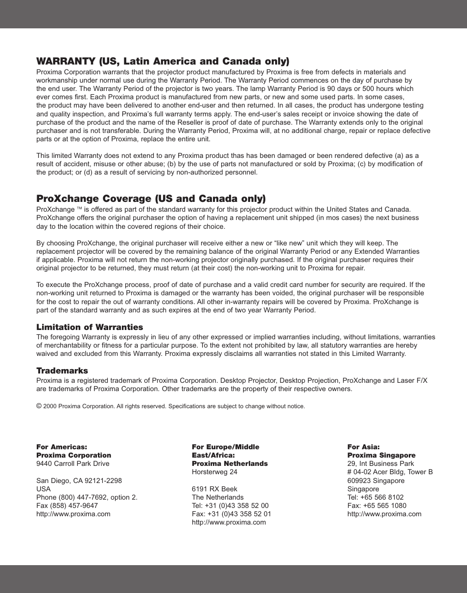 Warranty (us, latin america and canada only), Proxchange coverage (us and canada only) | Proxima ASA X350 User Manual | Page 2 / 28