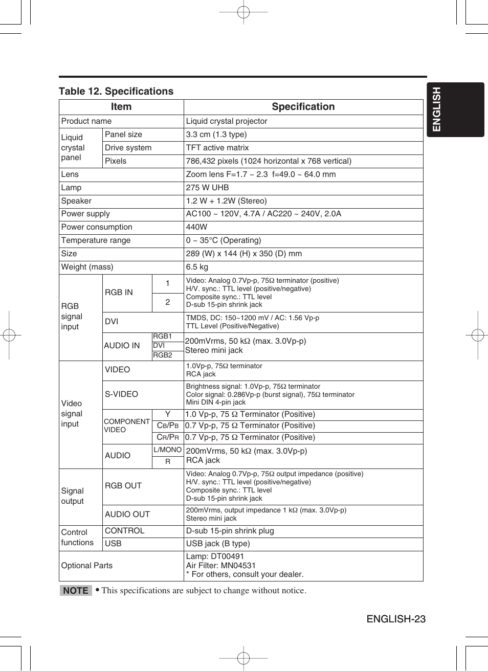 Specifications, English-23 english english-23, Table 12. specifications | Item specification | Proxima ASA Proxima DP6870 User Manual | Page 25 / 47