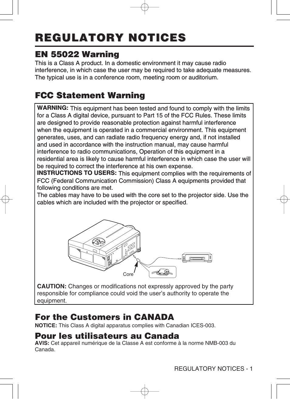 Regulatory notices, Fcc statement warning, For the customers in canada | Pour les utilisateurs au canada | Proxima ASA Proxima DP6870 User Manual | Page 39 / 47