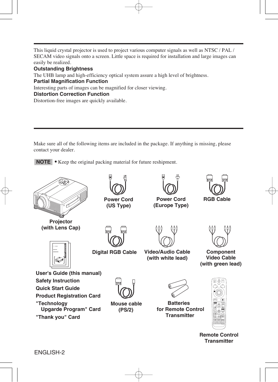 Features, Before use, Contents of package | English-2 | Proxima ASA Proxima DP6870 User Manual | Page 4 / 47