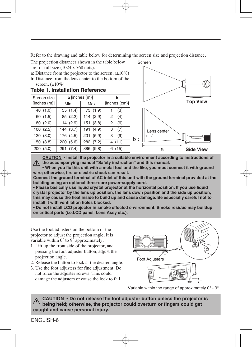 Installation, Installation of the projector and screen, Angle adjustment | Proxima ASA Proxima DP6870 User Manual | Page 8 / 47