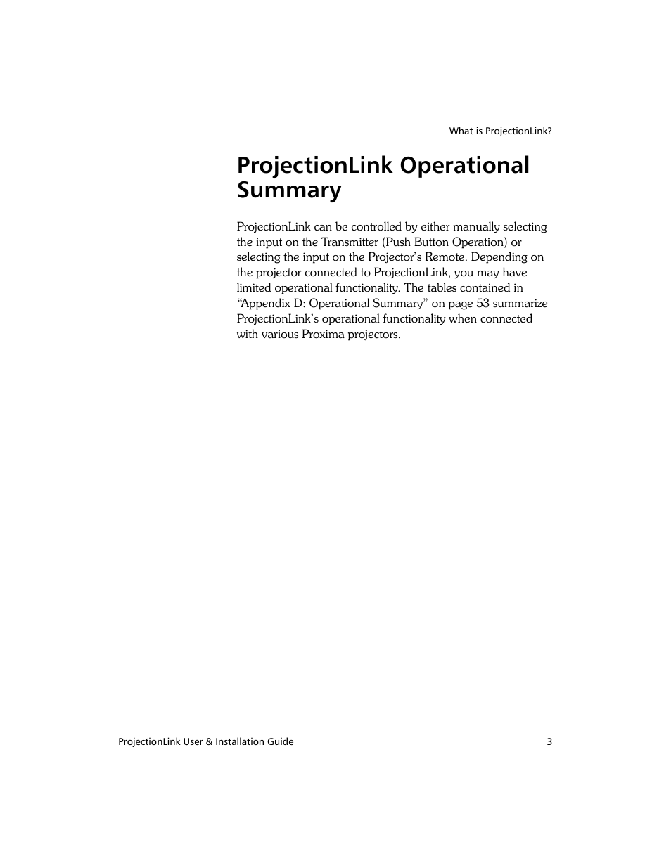 Projectionlink operational summary | Proxima ASA PL-300E User Manual | Page 11 / 64