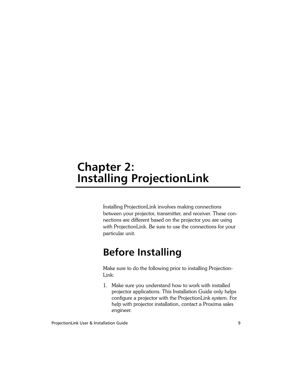 Chapter 2: installing projectionlink, Before installing | Proxima ASA PL-300E User Manual | Page 17 / 64