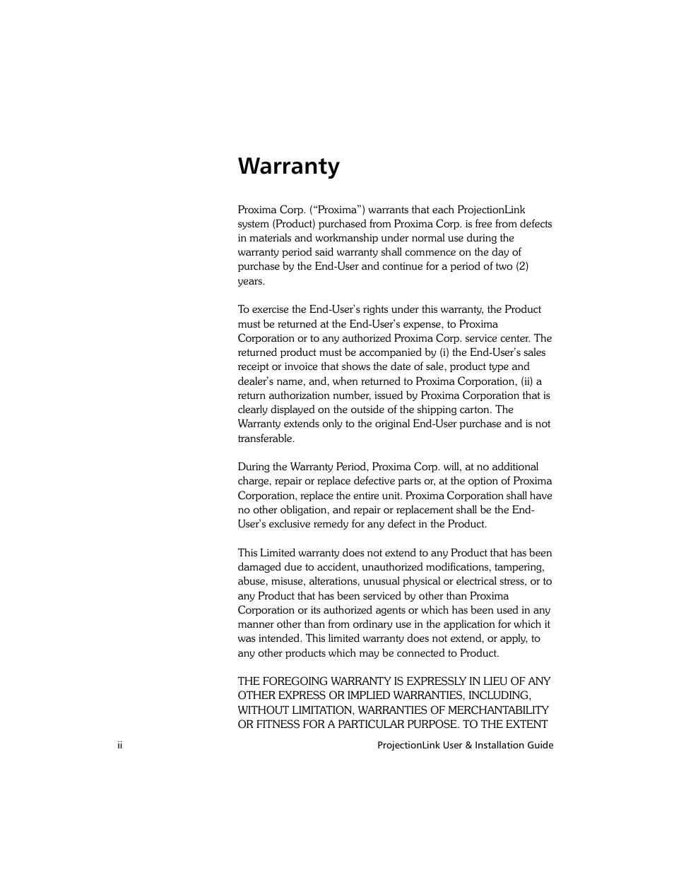 Warranty | Proxima ASA PL-300E User Manual | Page 2 / 64