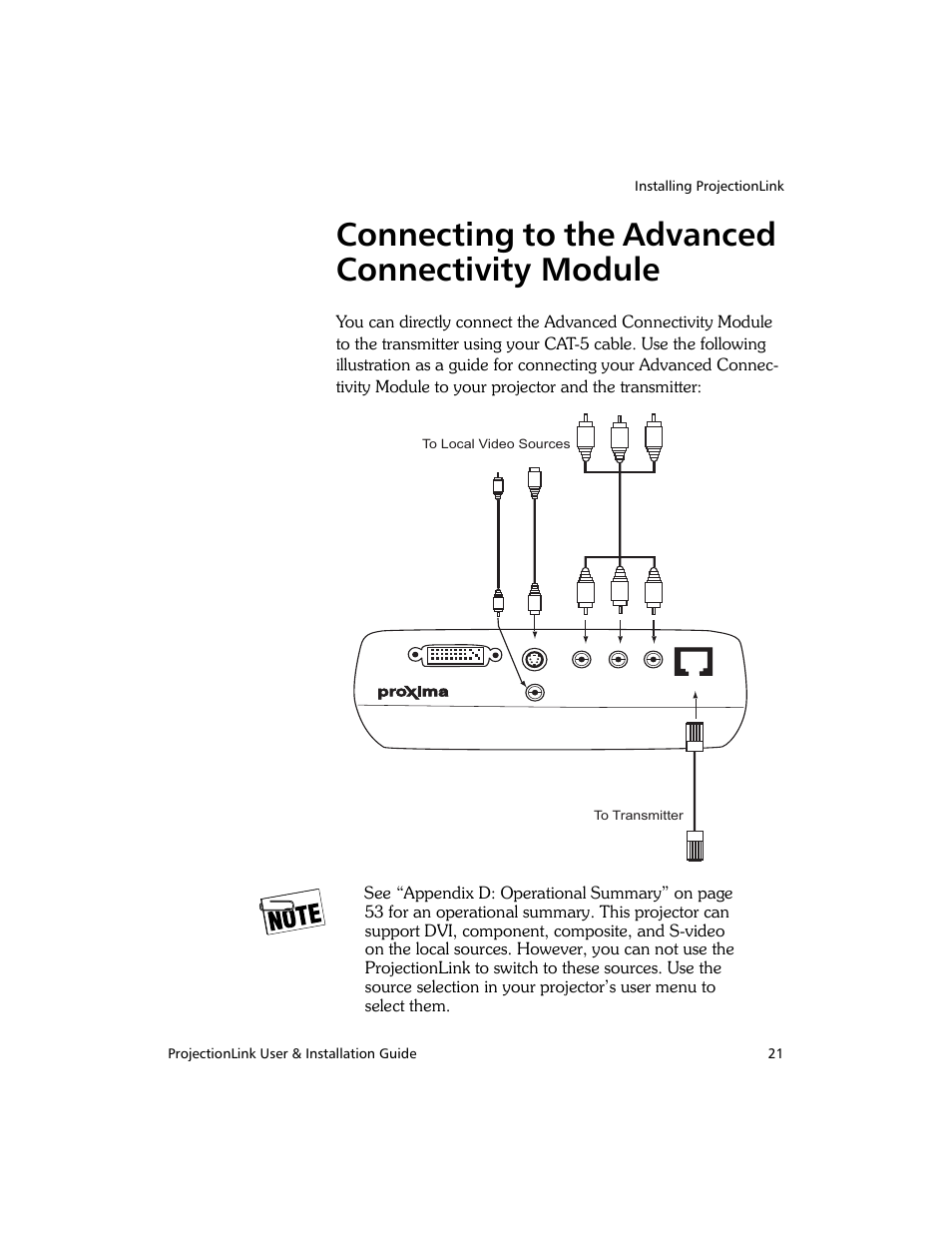 Connecting to the advanced connectivity module 21, Connecting to the advanced connectivity module | Proxima ASA PL-300E User Manual | Page 29 / 64