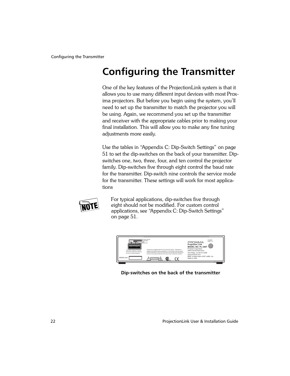 Configuring the transmitter, Dip-switches on the back of the transmitter | Proxima ASA PL-300E User Manual | Page 30 / 64