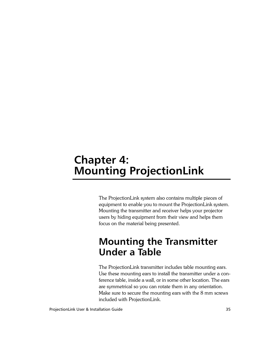 Chapter 4: mounting projectionlink, Mounting the transmitter under a table | Proxima ASA PL-300E User Manual | Page 43 / 64