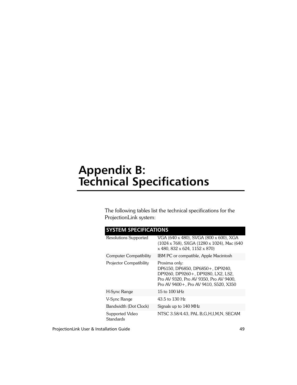 Appendix b: technical specifications | Proxima ASA PL-300E User Manual | Page 57 / 64