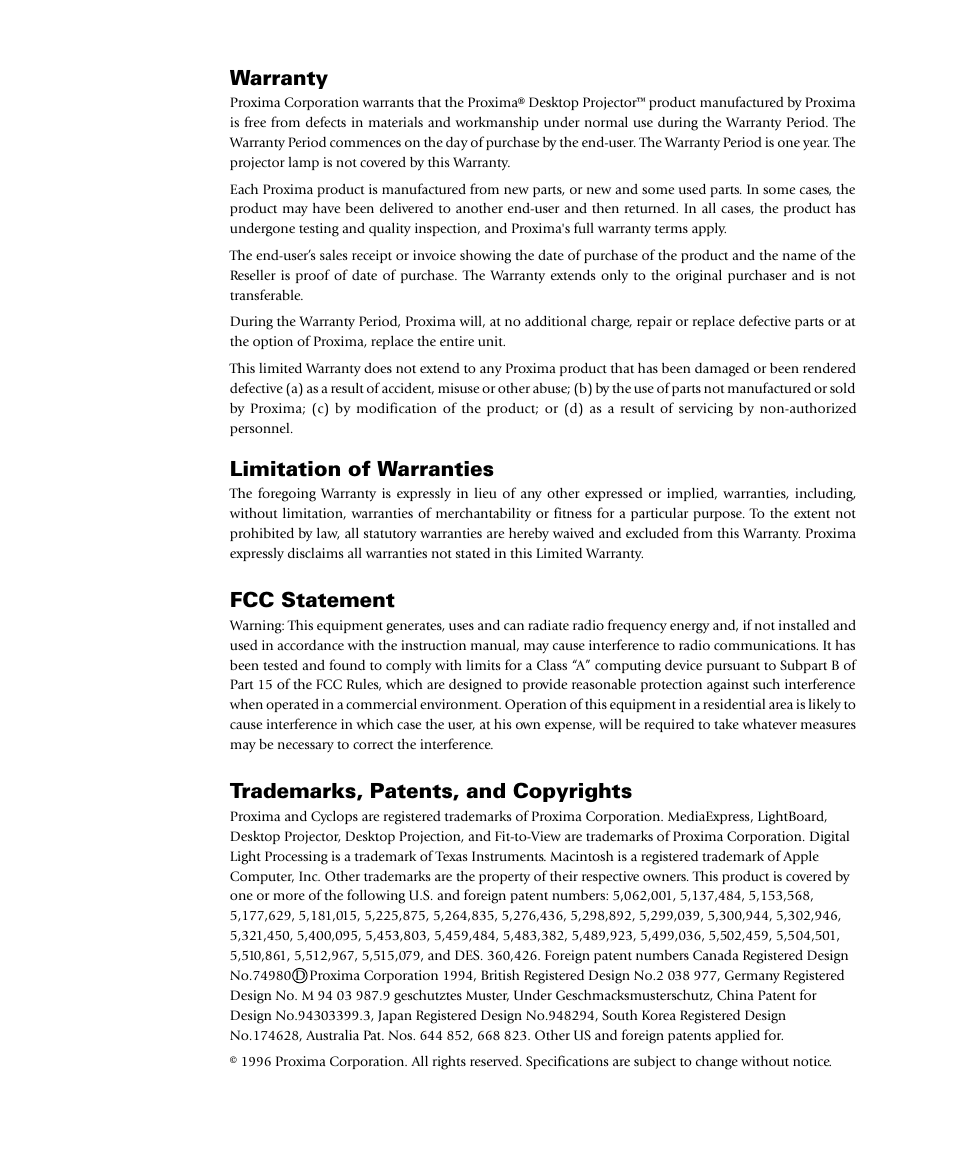 Warranty, Limitation of warranties, Fcc statement | Trademarks, patents, and copyrights | Proxima ASA 4100/4200 User Manual | Page 2 / 83