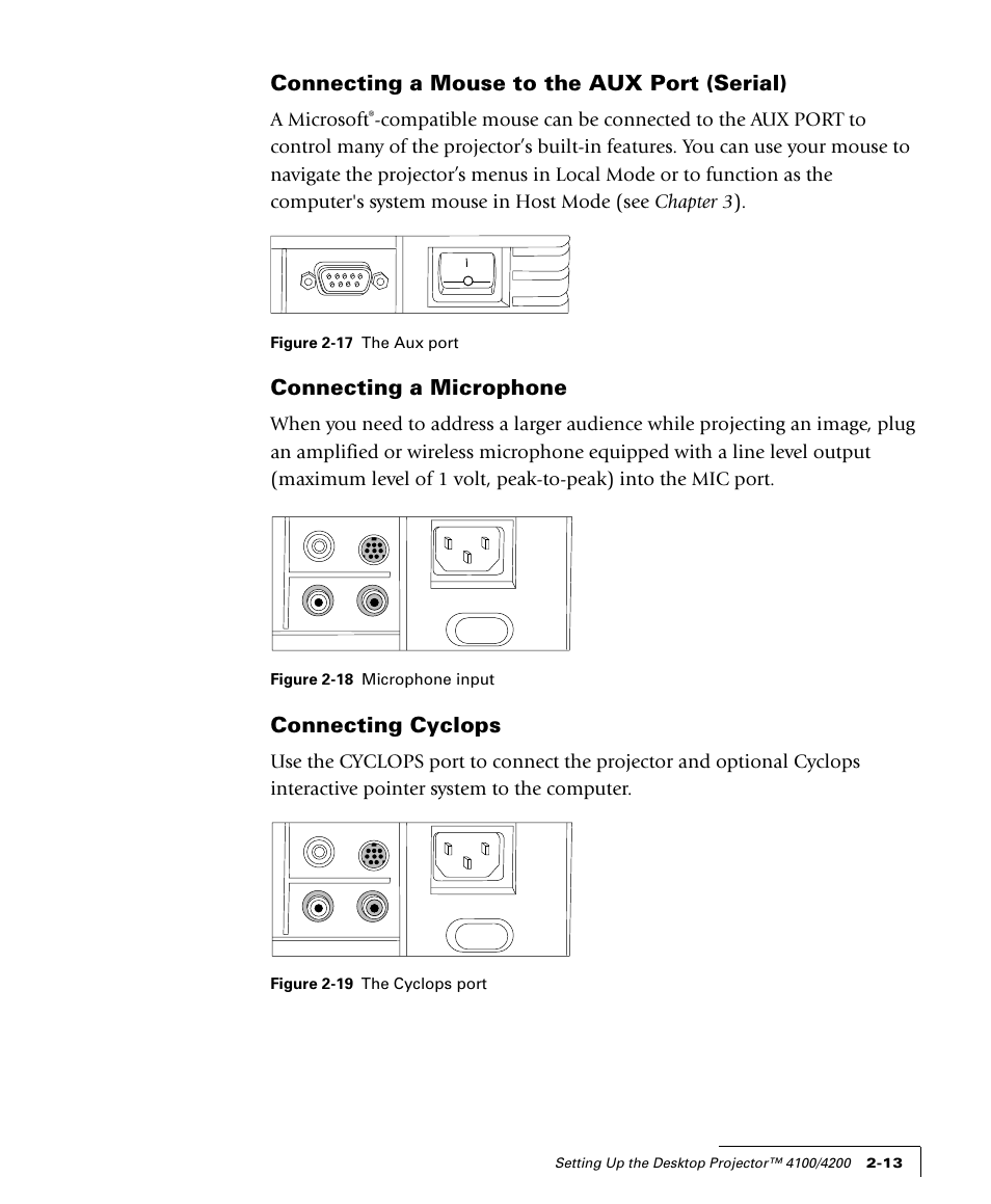 Connecting a mouse to the aux port (serial), Connecting a microphone, Connecting cyclops | A microsoft | Proxima ASA 4100/4200 User Manual | Page 24 / 83