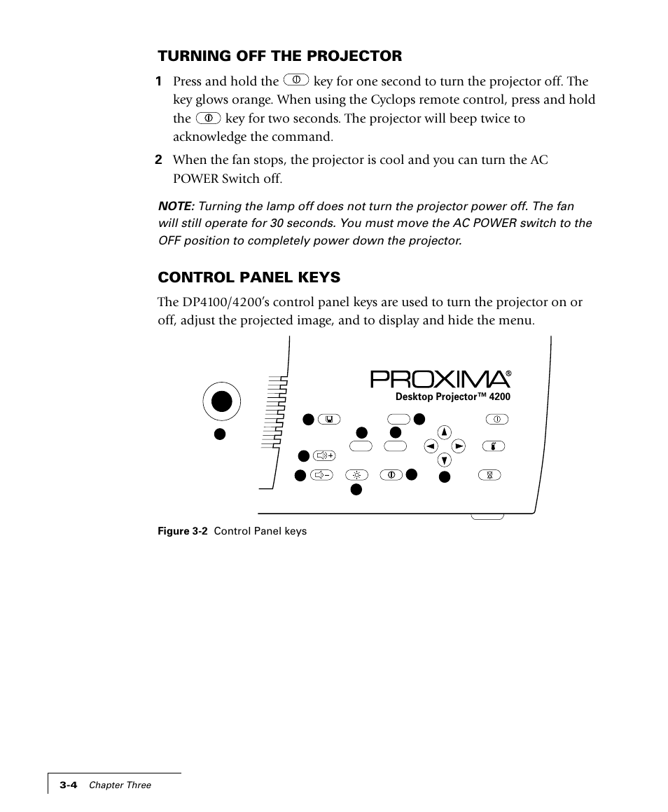 Turning off the projector, Control panel keys | Proxima ASA 4100/4200 User Manual | Page 29 / 83