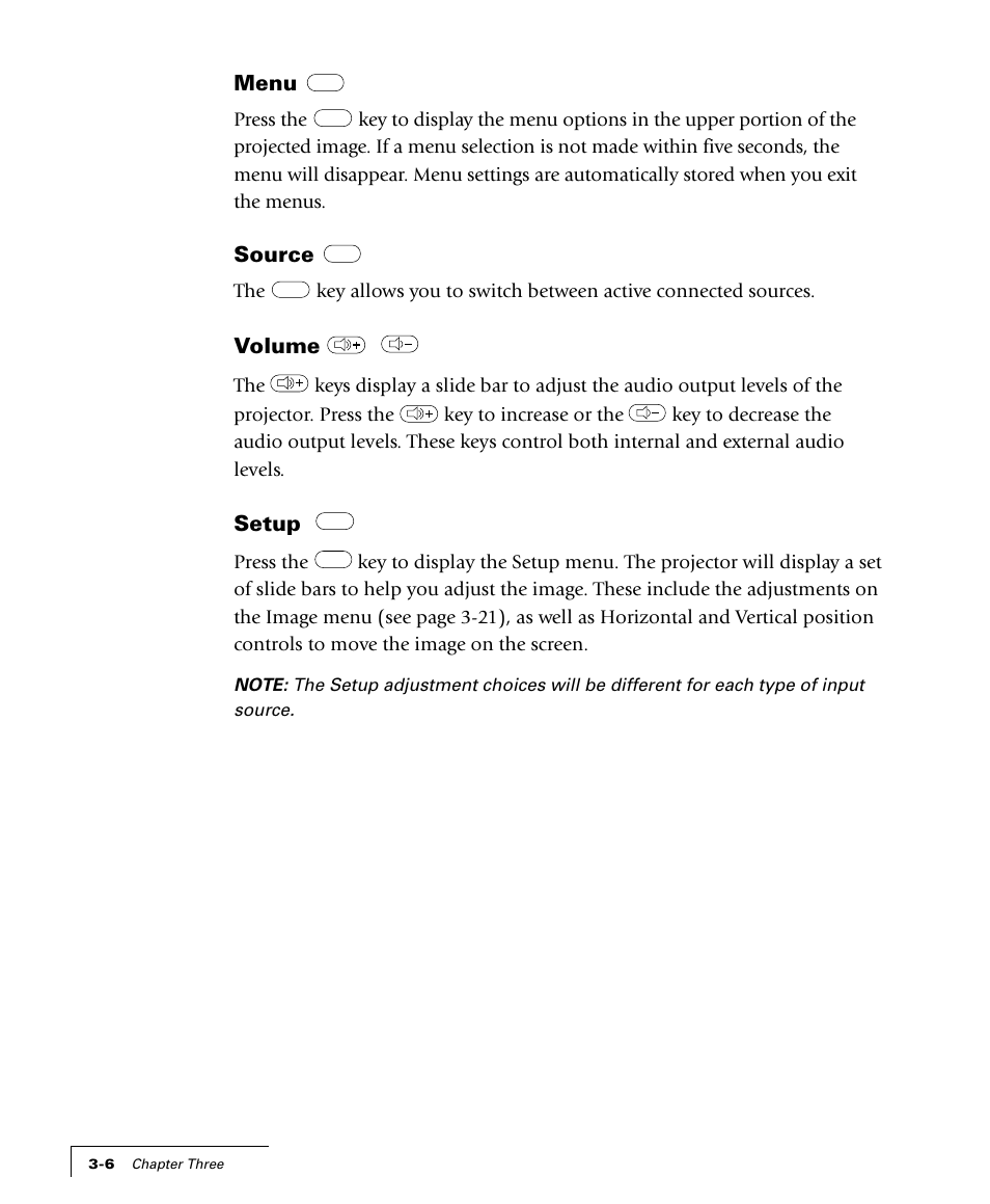 Menu, Source, Volume | Setup | Proxima ASA 4100/4200 User Manual | Page 31 / 83