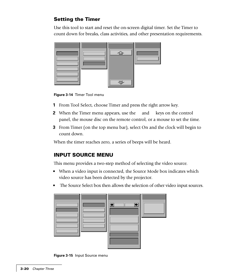 Setting the timer, Input source menu | Proxima ASA 4100/4200 User Manual | Page 45 / 83