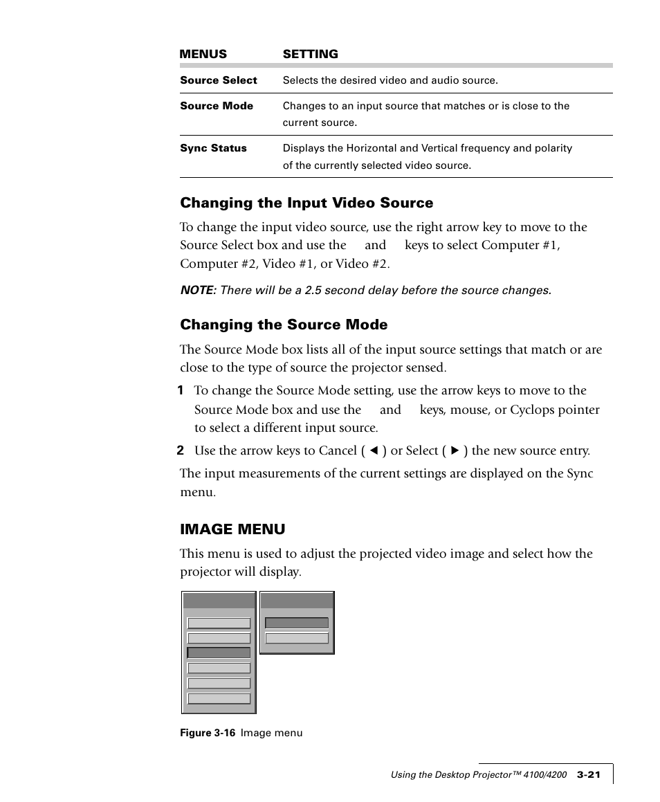 Changing the input video source, Changing the source mode, Image menu | Proxima ASA 4100/4200 User Manual | Page 46 / 83