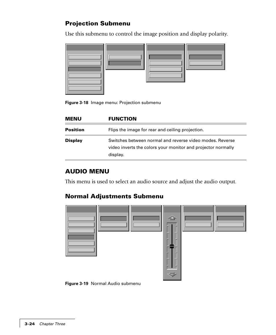 Projection submenu, Audio menu, Normal adjustments submenu | Menu function | Proxima ASA 4100/4200 User Manual | Page 49 / 83