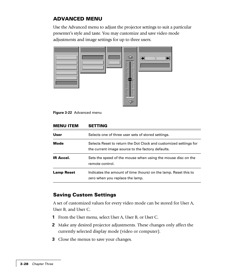 Advanced menu, Saving custom settings | Proxima ASA 4100/4200 User Manual | Page 53 / 83