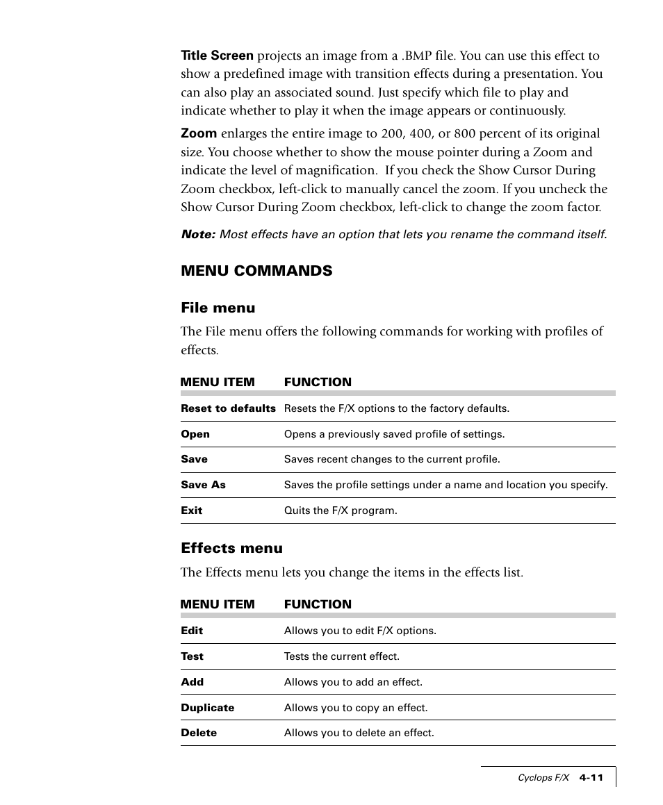 Menu commands file menu, Effects menu | Proxima ASA 4100/4200 User Manual | Page 66 / 83