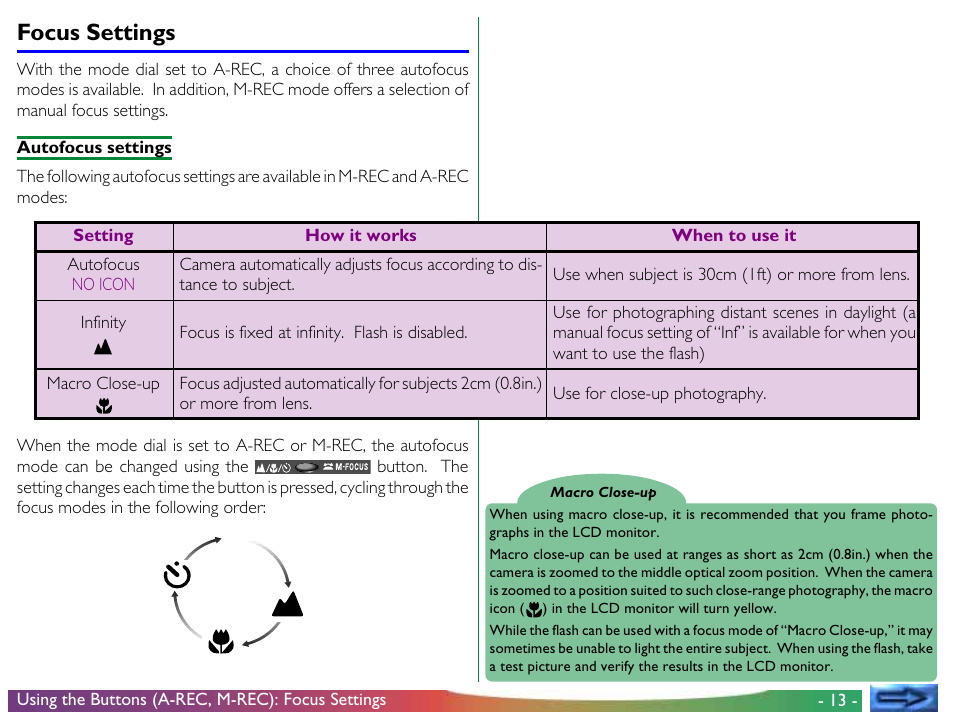 Focus settings | Proxima ASA COOLPIX 950 User Manual | Page 13 / 56