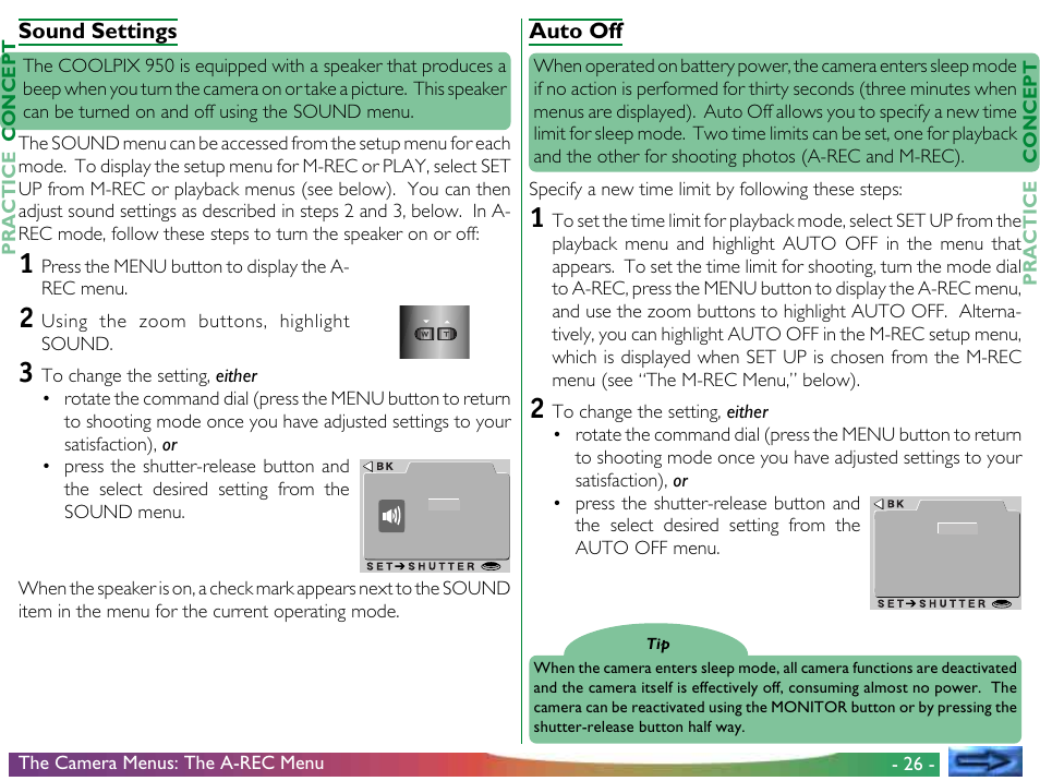 Sound settings, Auto off, Sound settings auto off | Proxima ASA COOLPIX 950 User Manual | Page 26 / 56
