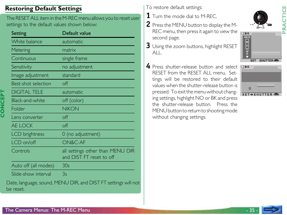 Restoring default settings | Proxima ASA COOLPIX 950 User Manual | Page 35 / 56
