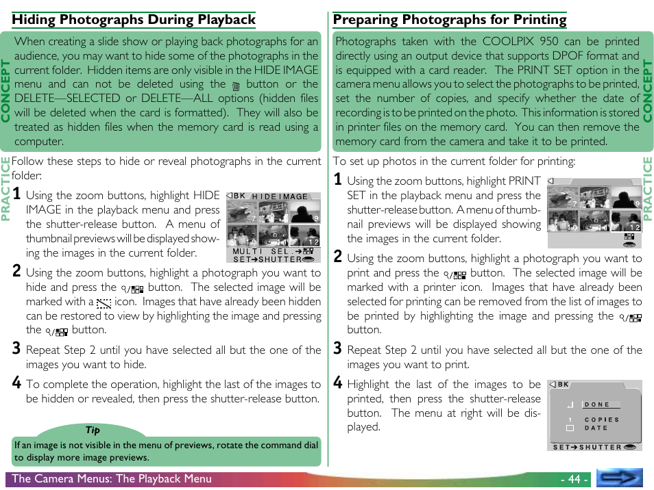 Hiding photographs during playback, Preparing photographs for printing | Proxima ASA COOLPIX 950 User Manual | Page 44 / 56