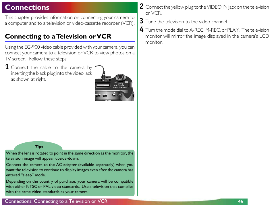 Connections, Connecting to a television or vcr | Proxima ASA COOLPIX 950 User Manual | Page 46 / 56