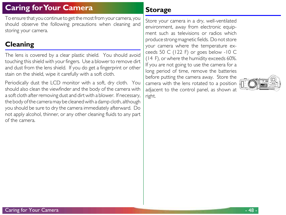 Caring for your camera, Cleaning, Storage | Cleaning storage | Proxima ASA COOLPIX 950 User Manual | Page 48 / 56