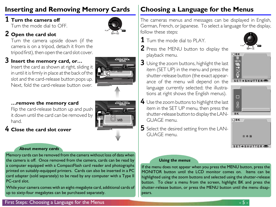 Inserting and removing memory cards, Choosing a language for the menus | Proxima ASA COOLPIX 950 User Manual | Page 5 / 56