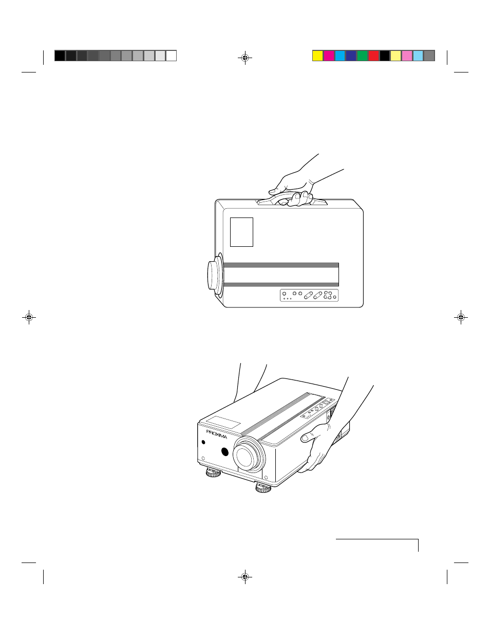 Transporting and moving the projector, Figure 2-3 transporting the projector, Figure 2-4 moving the projector | Setting up the desktop projector 5500 | Proxima ASA Proxima DP5500 User Manual | Page 13 / 53