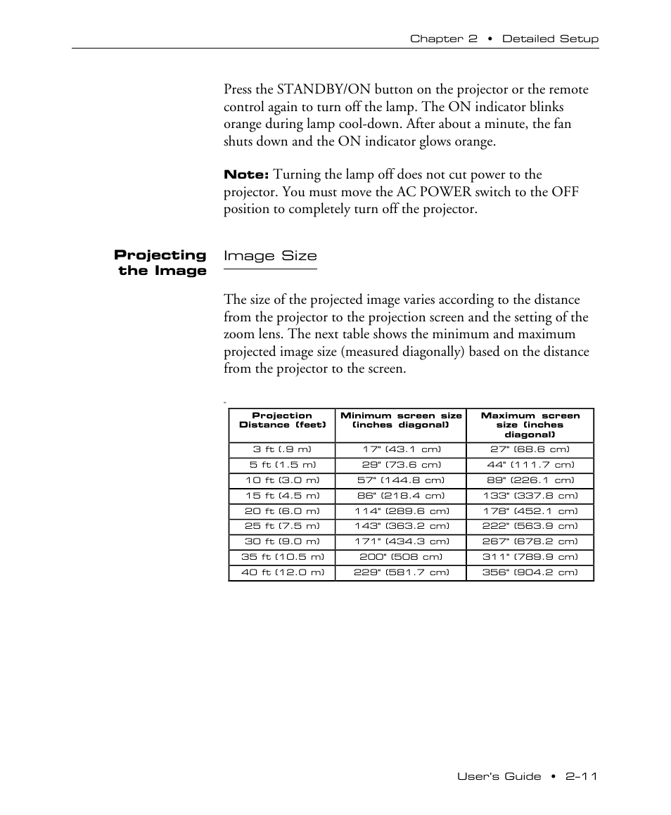 Image size, Projecting the image | Proxima ASA DP5100 User Manual | Page 19 / 49