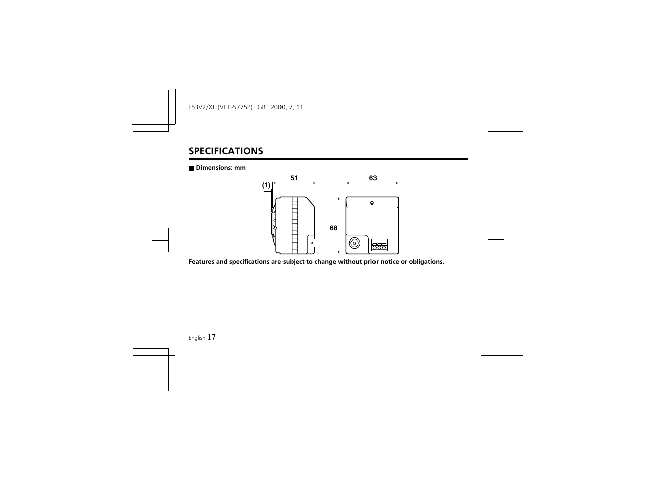 Specifications | Proxima ASA Colour CCD Camera VCC-5775P User Manual | Page 18 / 20