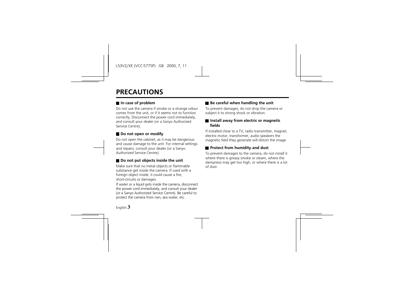 Precautions | Proxima ASA Colour CCD Camera VCC-5775P User Manual | Page 4 / 20