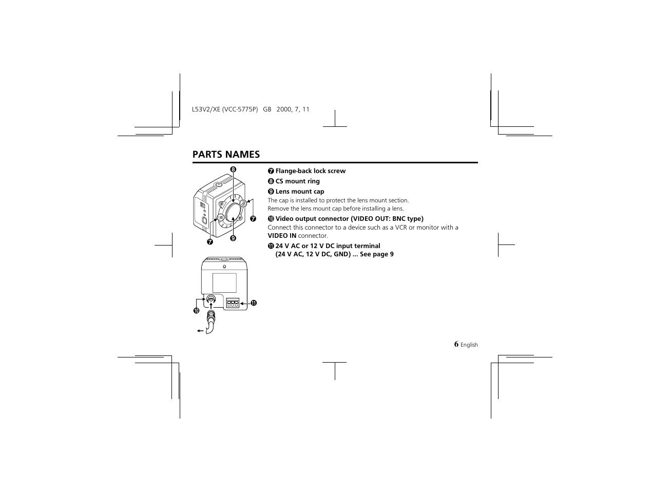 Parts names | Proxima ASA Colour CCD Camera VCC-5775P User Manual | Page 7 / 20