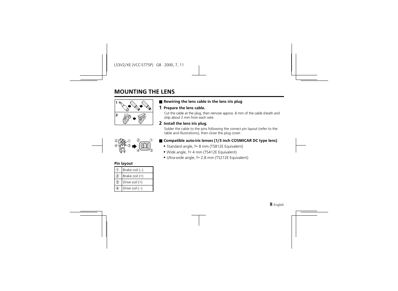 Mounting the lens | Proxima ASA Colour CCD Camera VCC-5775P User Manual | Page 9 / 20