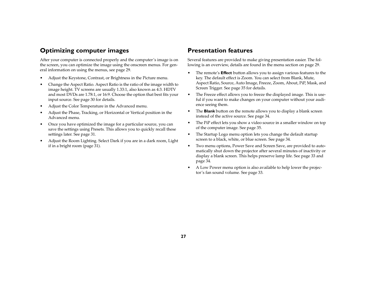 Optimizing computer images, Presentation features | Proxima ASA DP8200x User Manual | Page 29 / 52