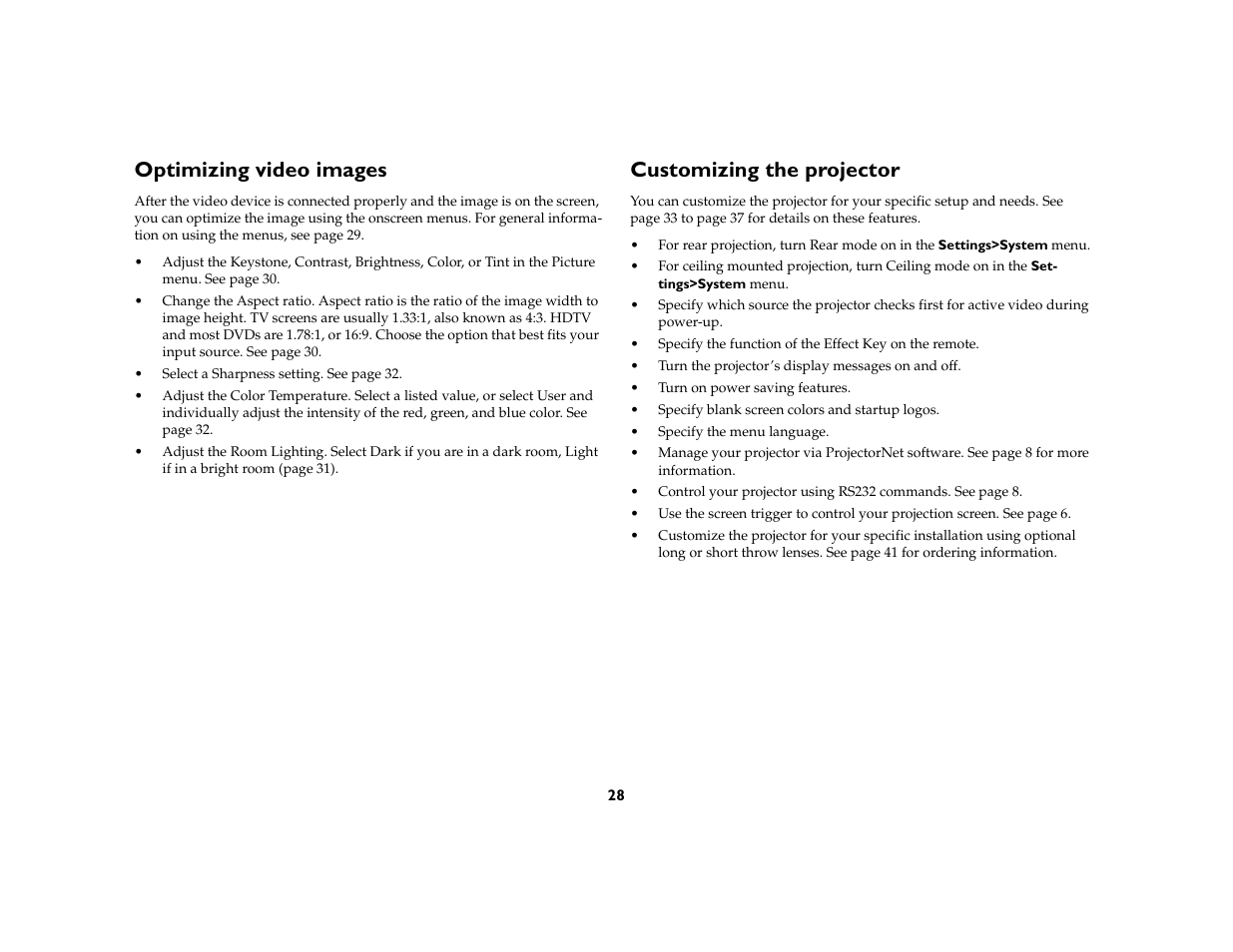 Optimizing video images, Customizing the projector | Proxima ASA DP8200x User Manual | Page 30 / 52