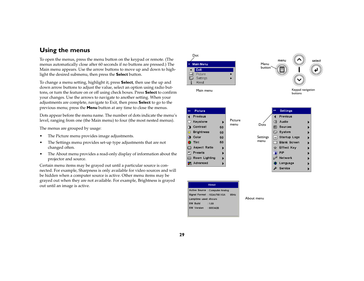 Using the menus | Proxima ASA DP8200x User Manual | Page 31 / 52